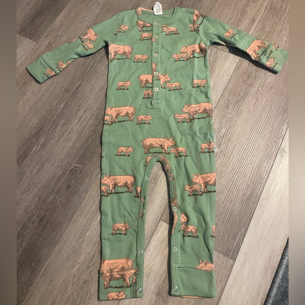 NWOT Kate Quinn Long Sleeve Union Suit Green Pigs 2T